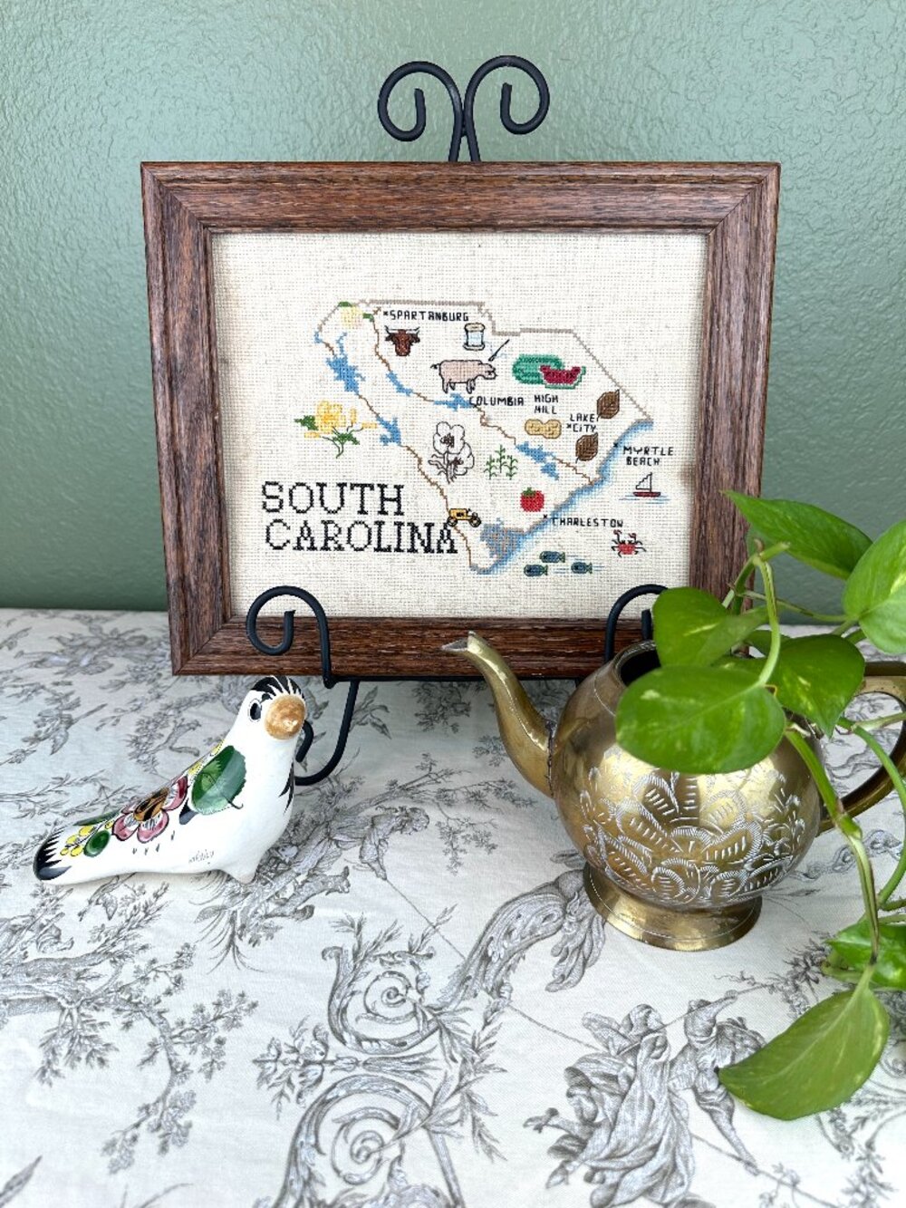 VTG Finished Cross Stitch South Carolina Map Oak Frame